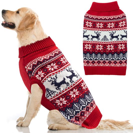 Dog Christmas Sweater - Winter Warm Dog Clothes Knitwear for Small Medium Large Dogs - Cute Snowflake Elk Pattern Turtleneck Cold Weather Dog Costume Outfits